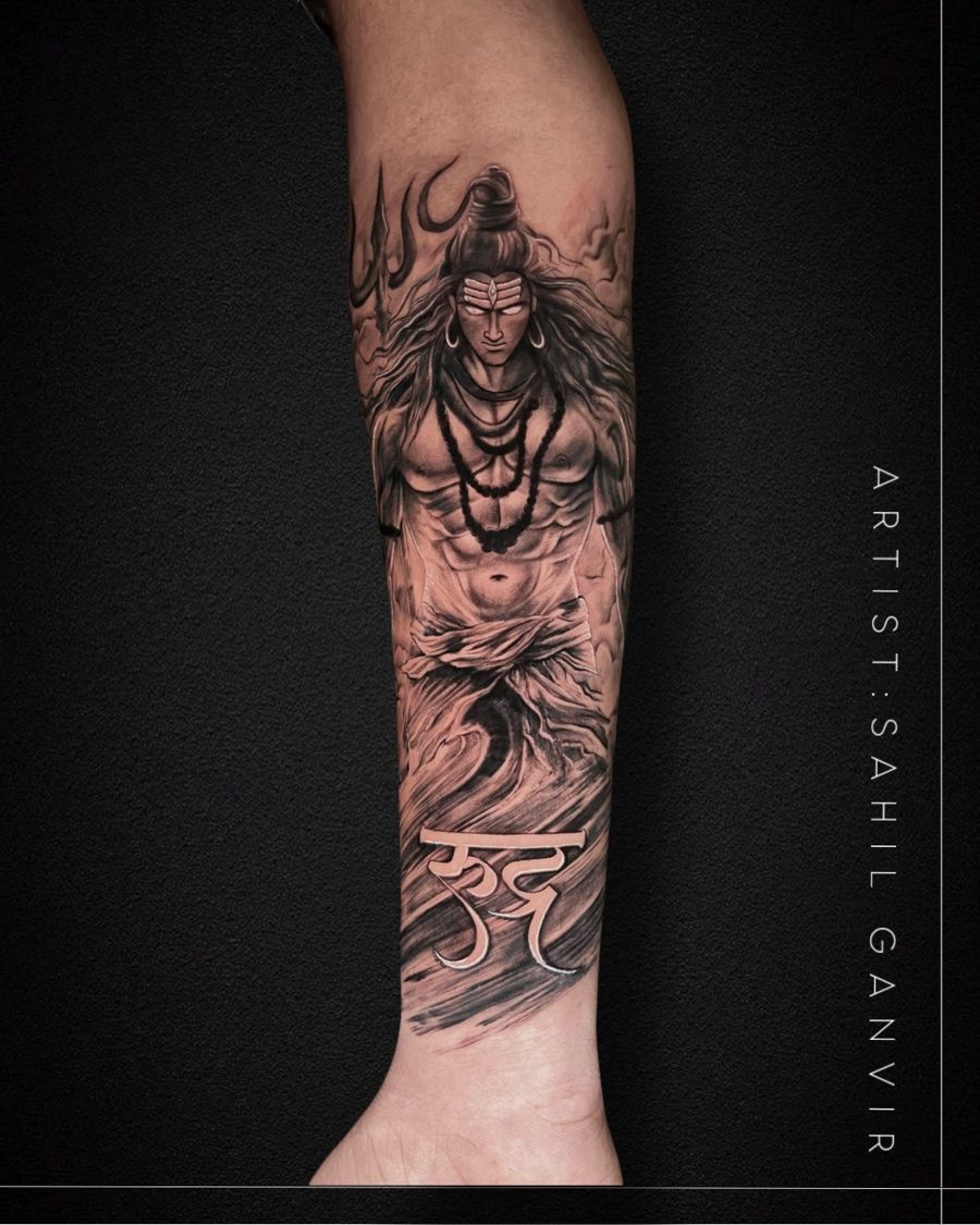 Mahadev forearm tattoo in black and grey realism